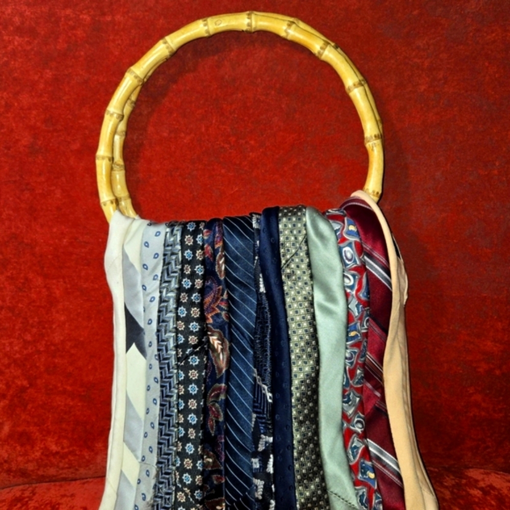 a. Neck Tie Patchwork Upcyled Handbag w/ Bamboo Hoop Handles BOHO BADU FABULOUS - Picture 3 of 15
